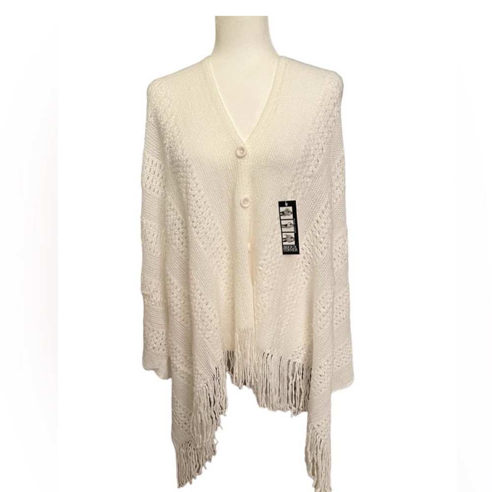 Bijoux Terner Cream Knit Poncho with Fringe
